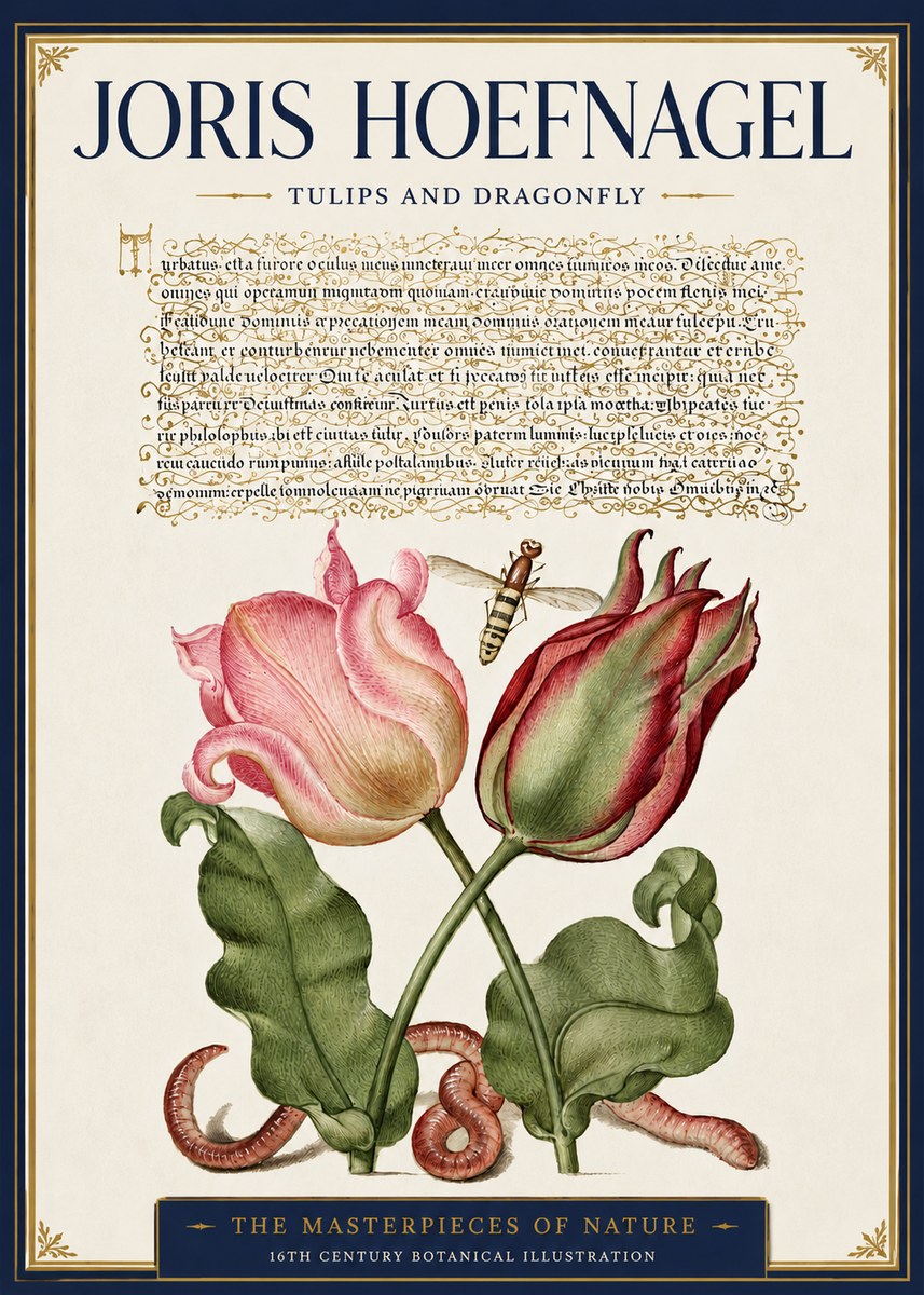 Joris Hoefnagel Two Tulips with Caterpillars and Dragonfly No6 - Póster
