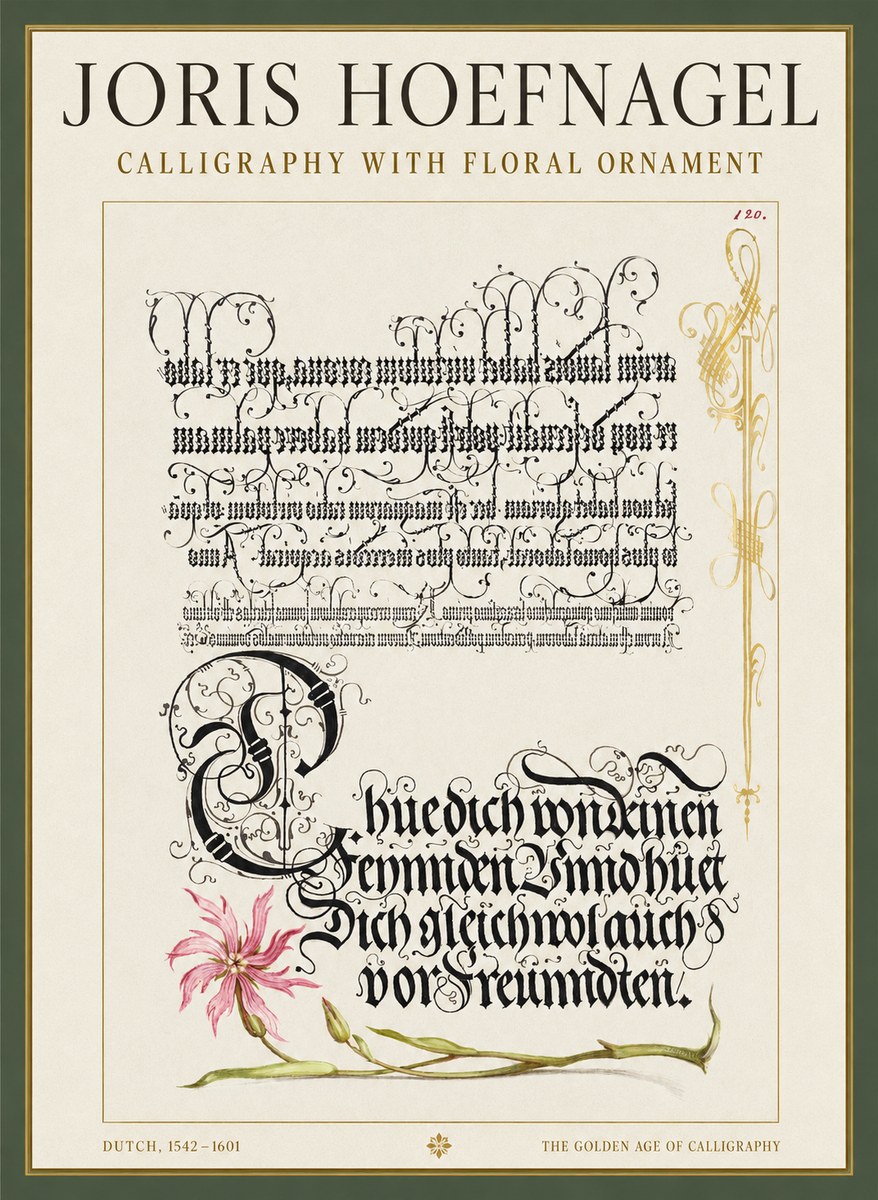 Joris Hoefnagel Calligraphy with Floral Ornament No1 - Póster