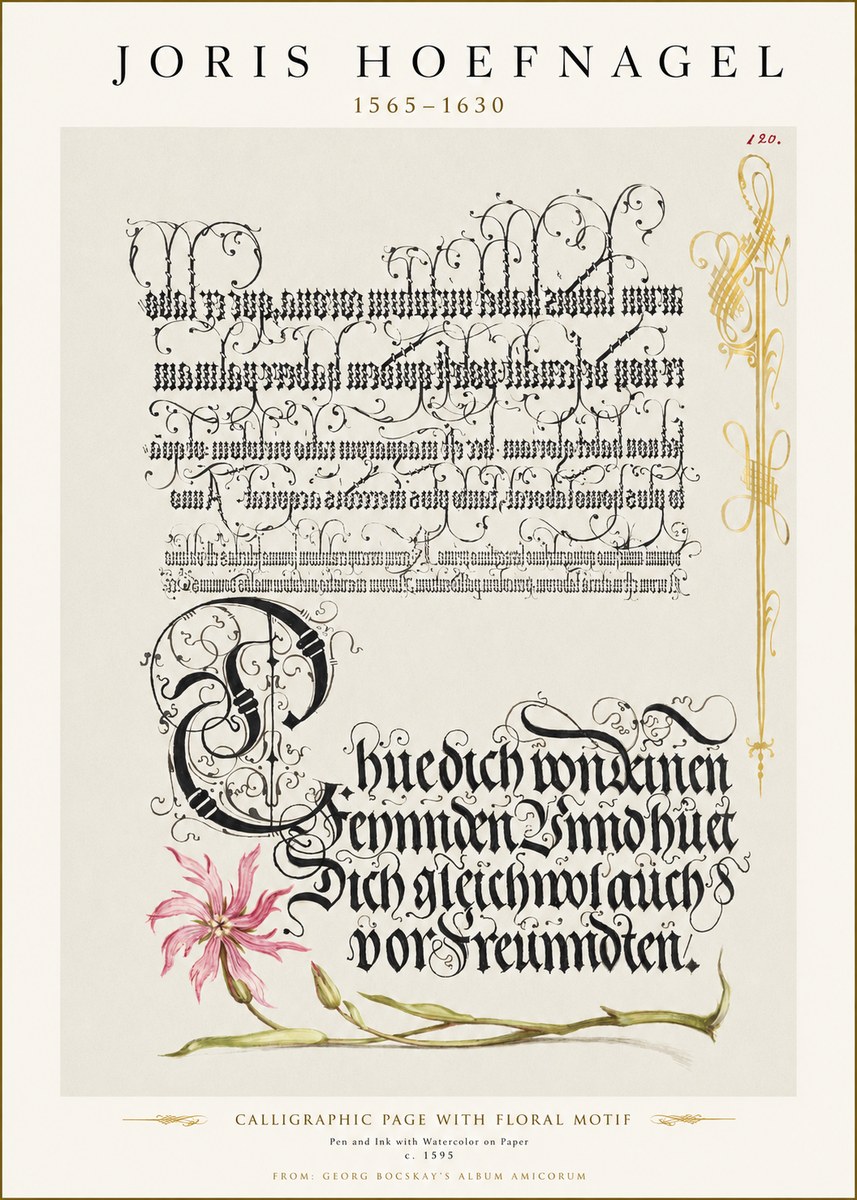 Joris Hoefnagel Calligraphy with Floral Ornament No3 - Póster