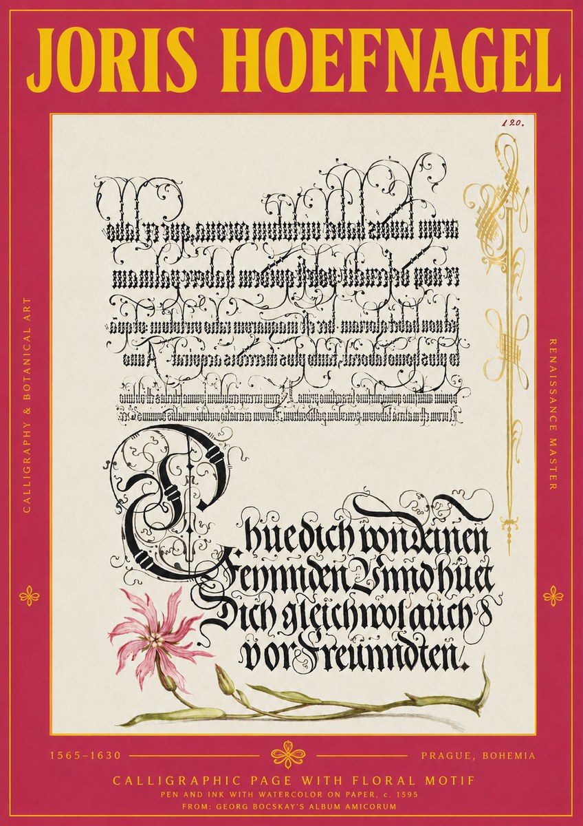 Joris Hoefnagel Calligraphy with Floral Ornament No4 - Póster
