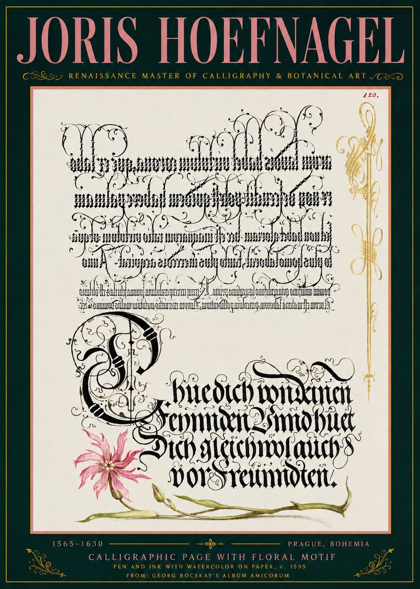 Joris Hoefnagel Calligraphy with Floral Ornament No6 - Póster