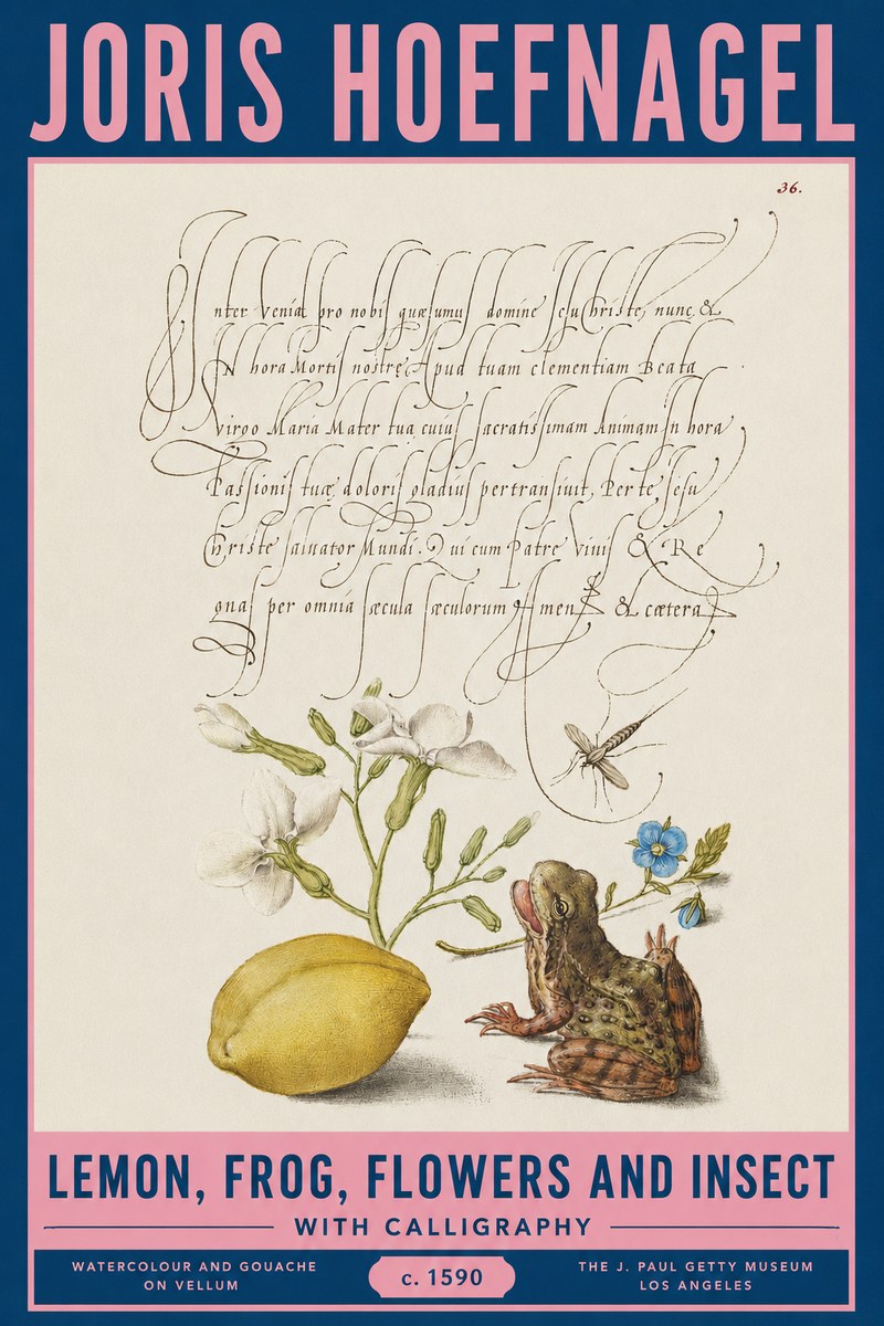 Joris Hoefnagel Nature Study with Lemon, Flowers, Frog & Insect No3 - Póster