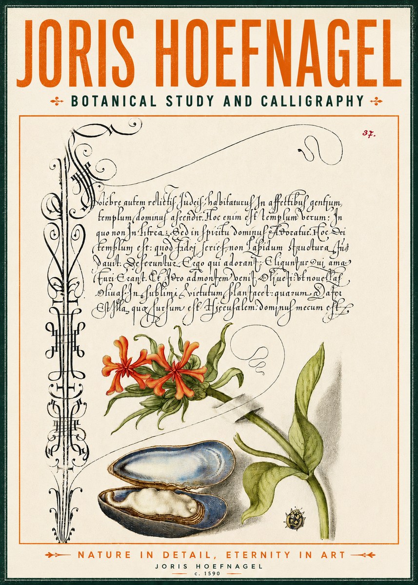 Joris Hoefnagel Botanical Study and Calligraphic Page No4 - Póster