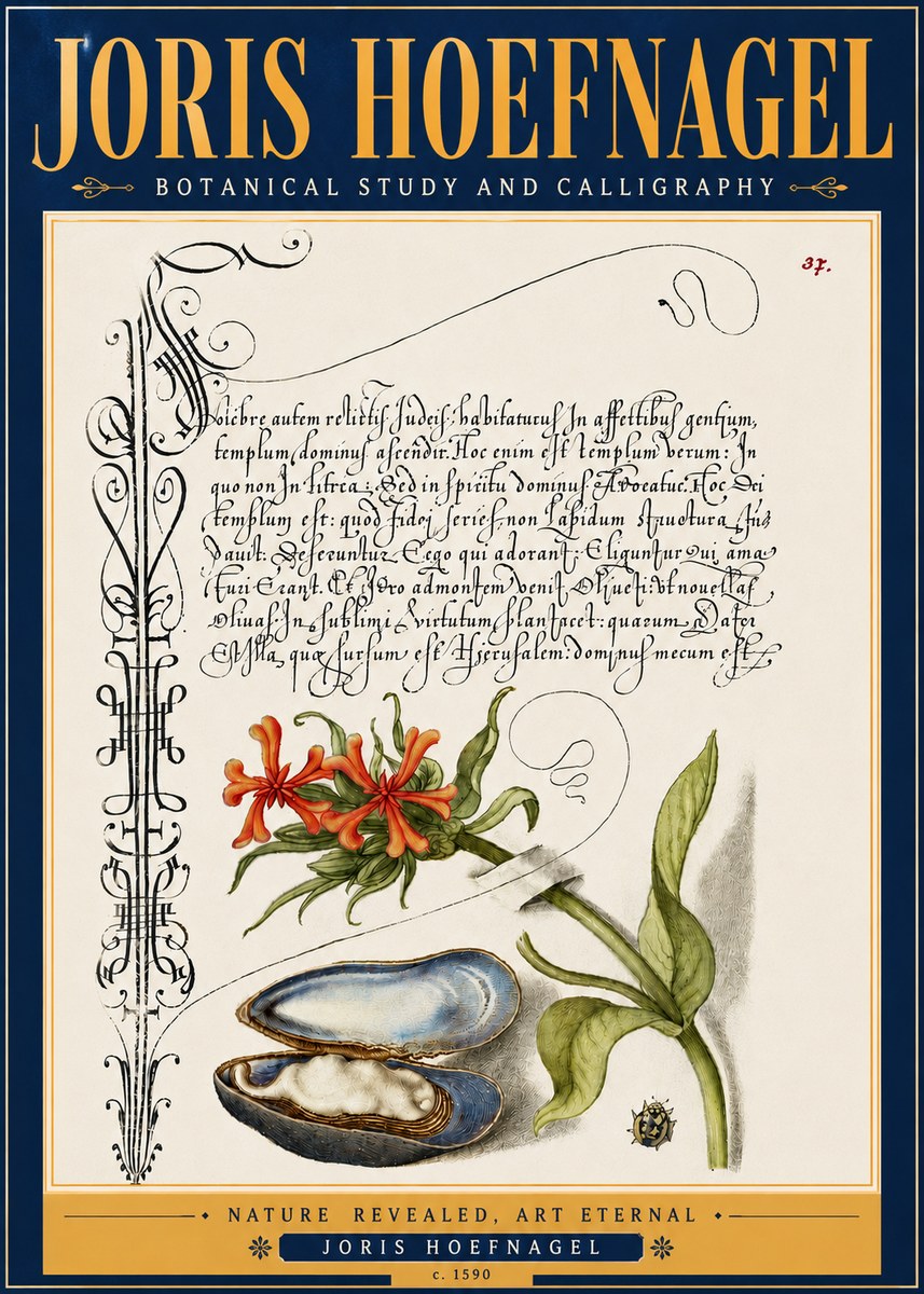 Joris Hoefnagel Botanical Study and Calligraphic Page No6 - Póster
