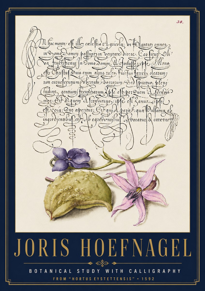 Joris Hoefnagel Botanical Study with Calligraphy I No4 - Póster