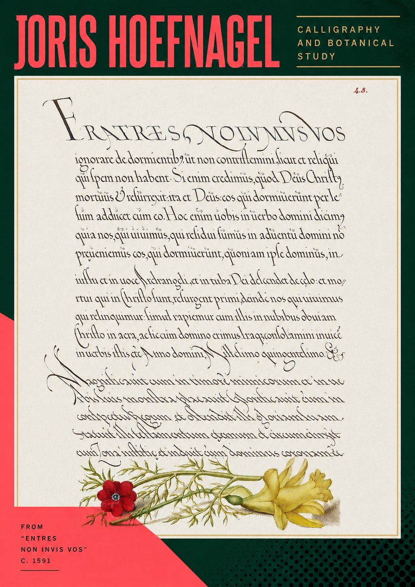 Joris Hoefnagel Calligraphy and Botanical Study I No5 - Póster