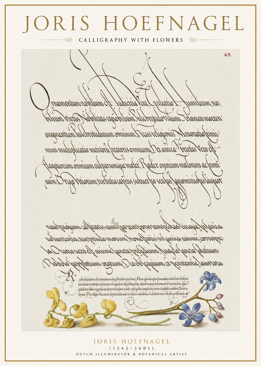 Joris Hoefnagel Calligraphy with Flowers No1 - Póster