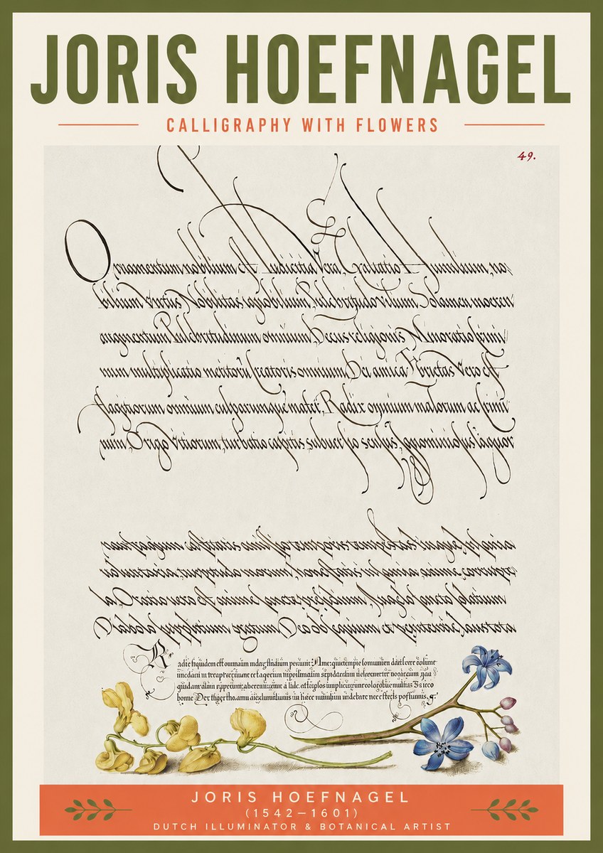 Joris Hoefnagel Calligraphy with Flowers No3 - Póster