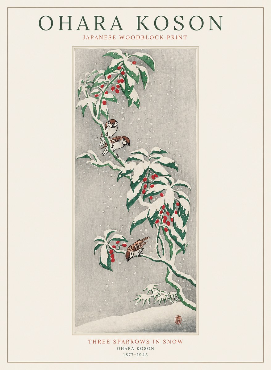 Ohara Koson Three Sparrows in Snow No1 - Póster