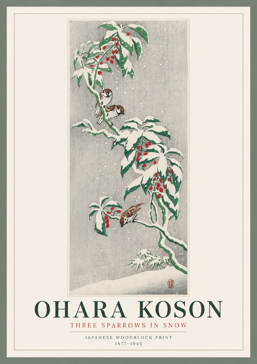 Ohara Koson Three Sparrows in Snow No2 - Póster
