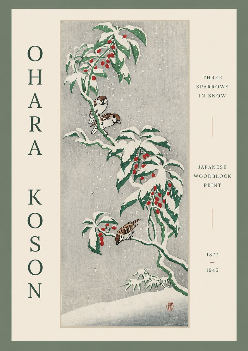 Ohara Koson Three Sparrows in Snow No3 - Póster