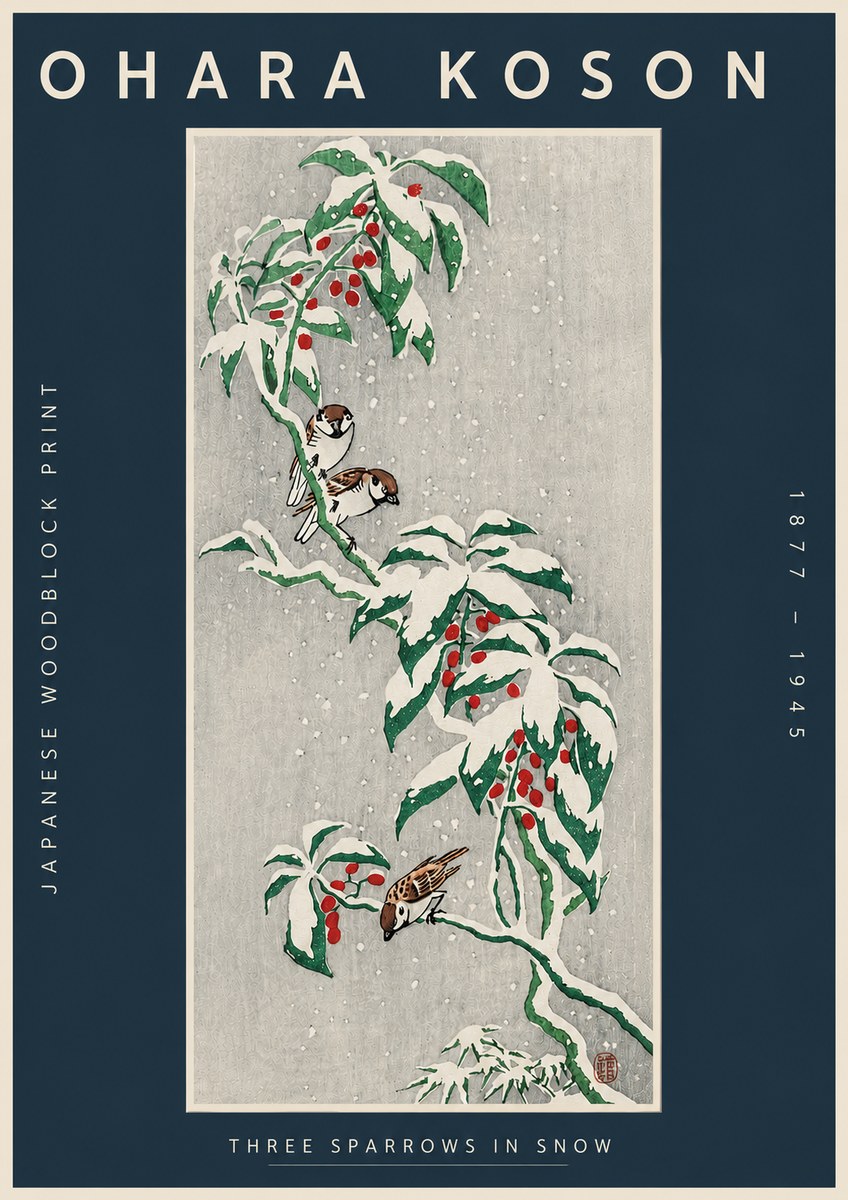 Ohara Koson Three Sparrows in Snow No4 - Póster