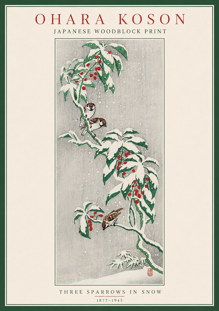 Ohara Koson Three Sparrows in Snow No5 - Póster