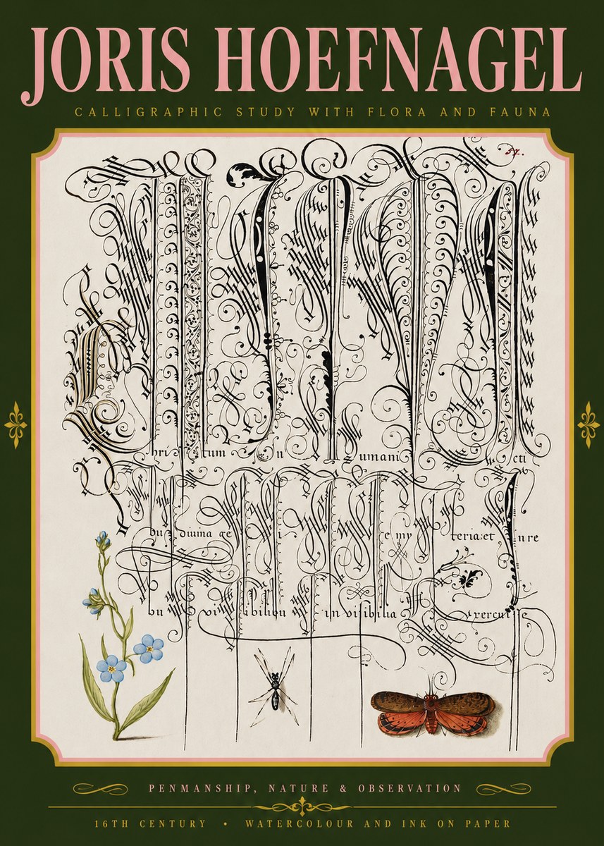 Joris Hoefnagel Calligraphic Study with Flora and Fauna No4 - Póster