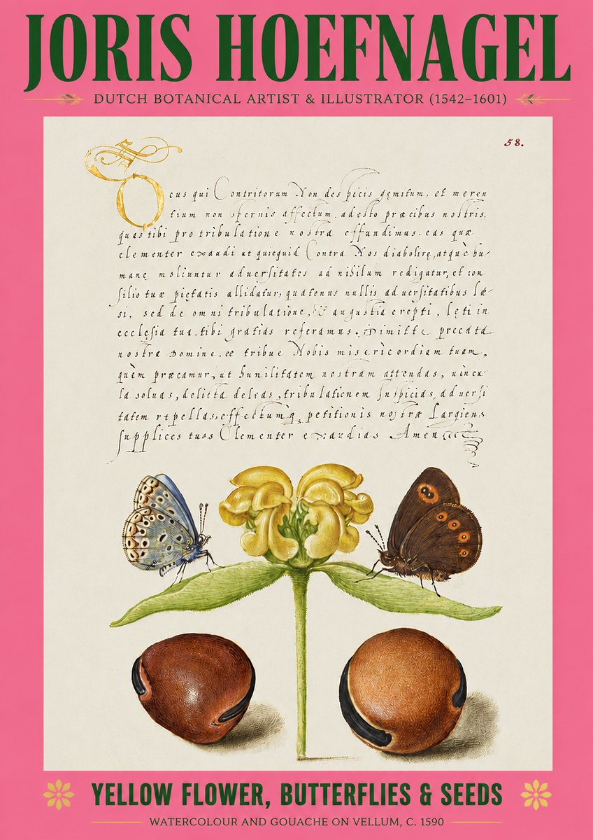 Joris Hoefnagel Yellow Flower, Butterflies & Seeds No2 - Póster