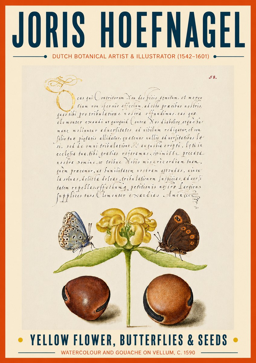 Joris Hoefnagel Yellow Flower, Butterflies & Seeds No6 - Póster