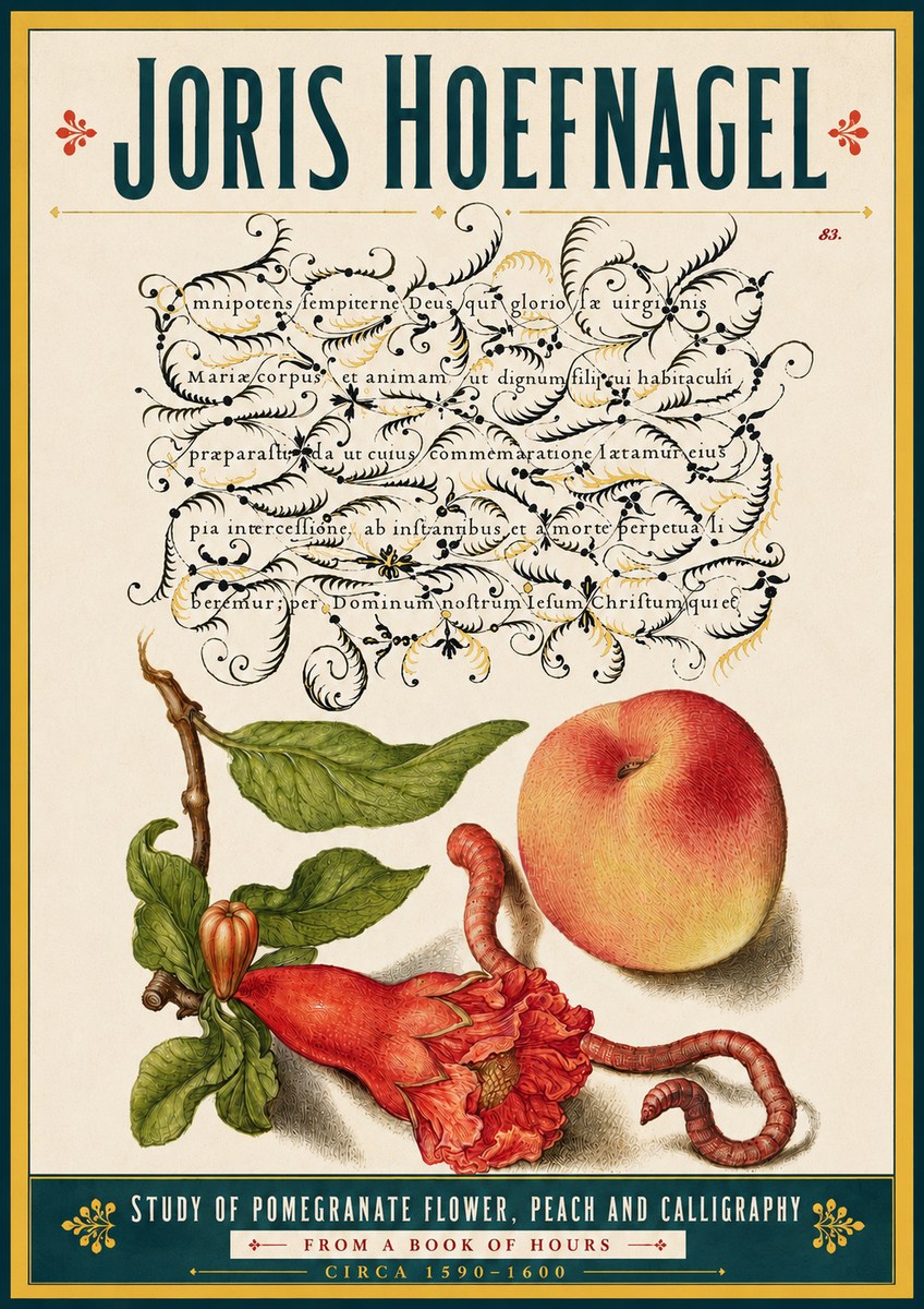 Joris Hoefnagel Study of Pomegranate Flower, Peach and Calligraphy from a Book of Hours No5 - Póster