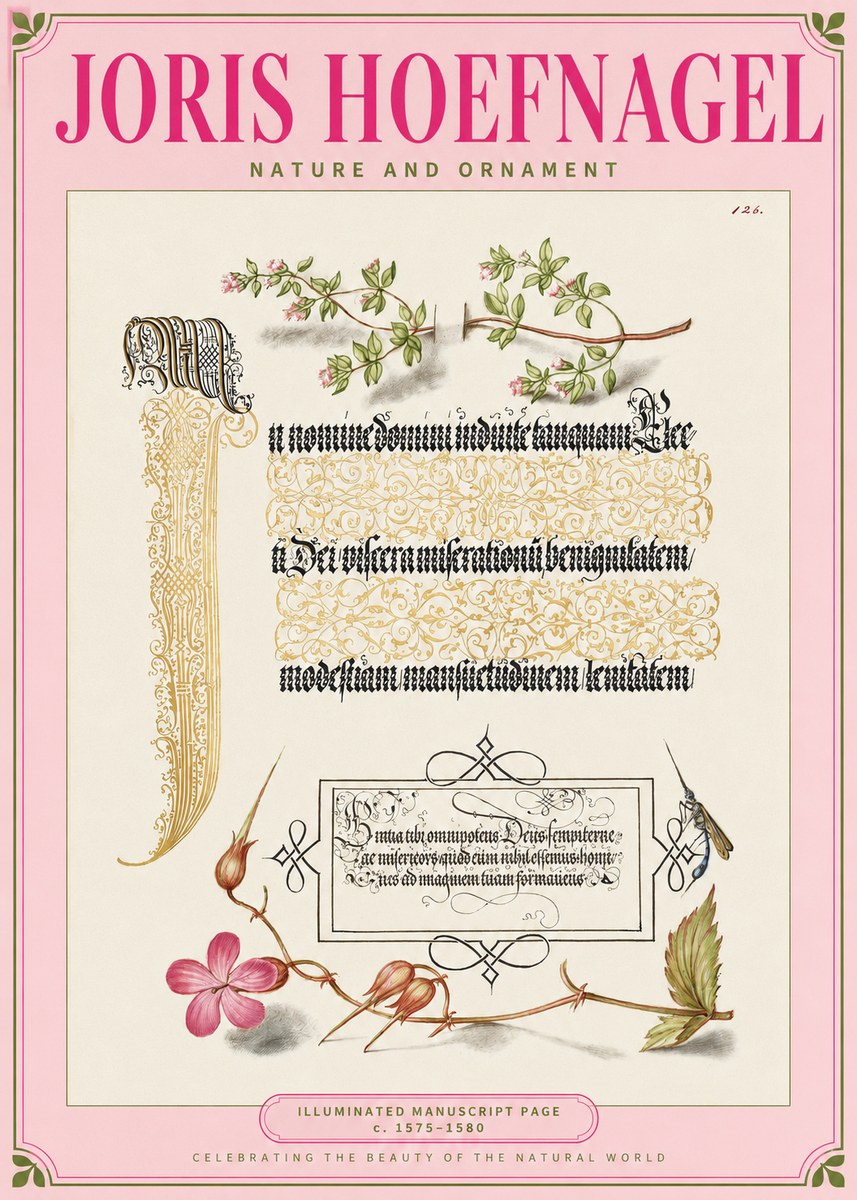 Joris Hoefnagel Illuminated Manuscript Page with Flowers and Insect No2 - Póster
