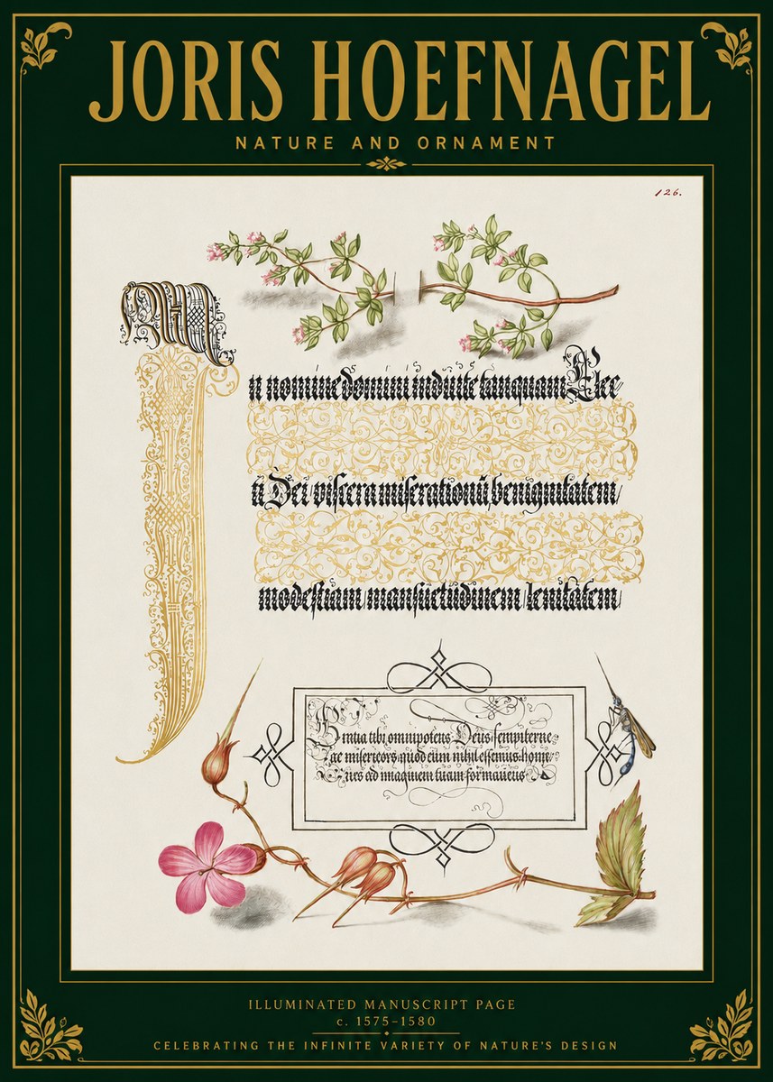Joris Hoefnagel Illuminated Manuscript Page with Flowers and Insect No3 - Póster