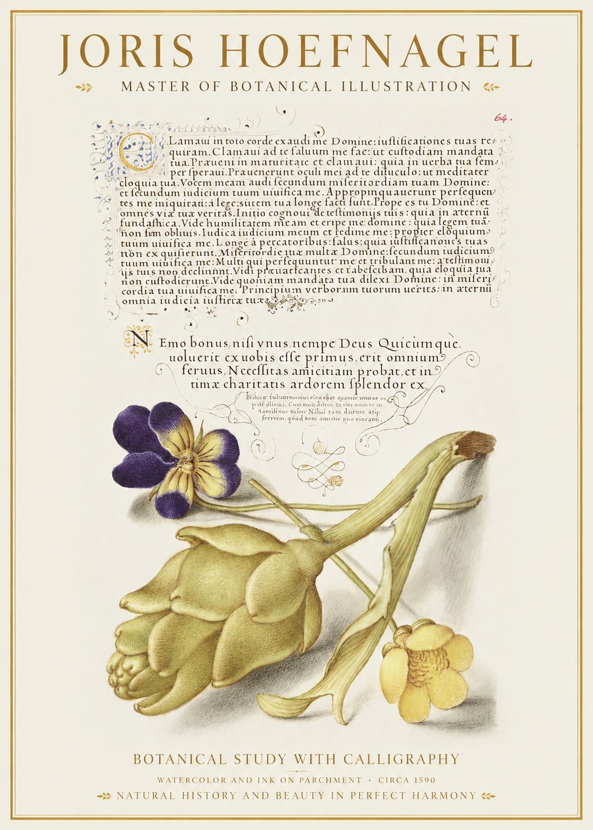 Joris Hoefnagel Botanical Study with Calligraphy III No1 - Póster