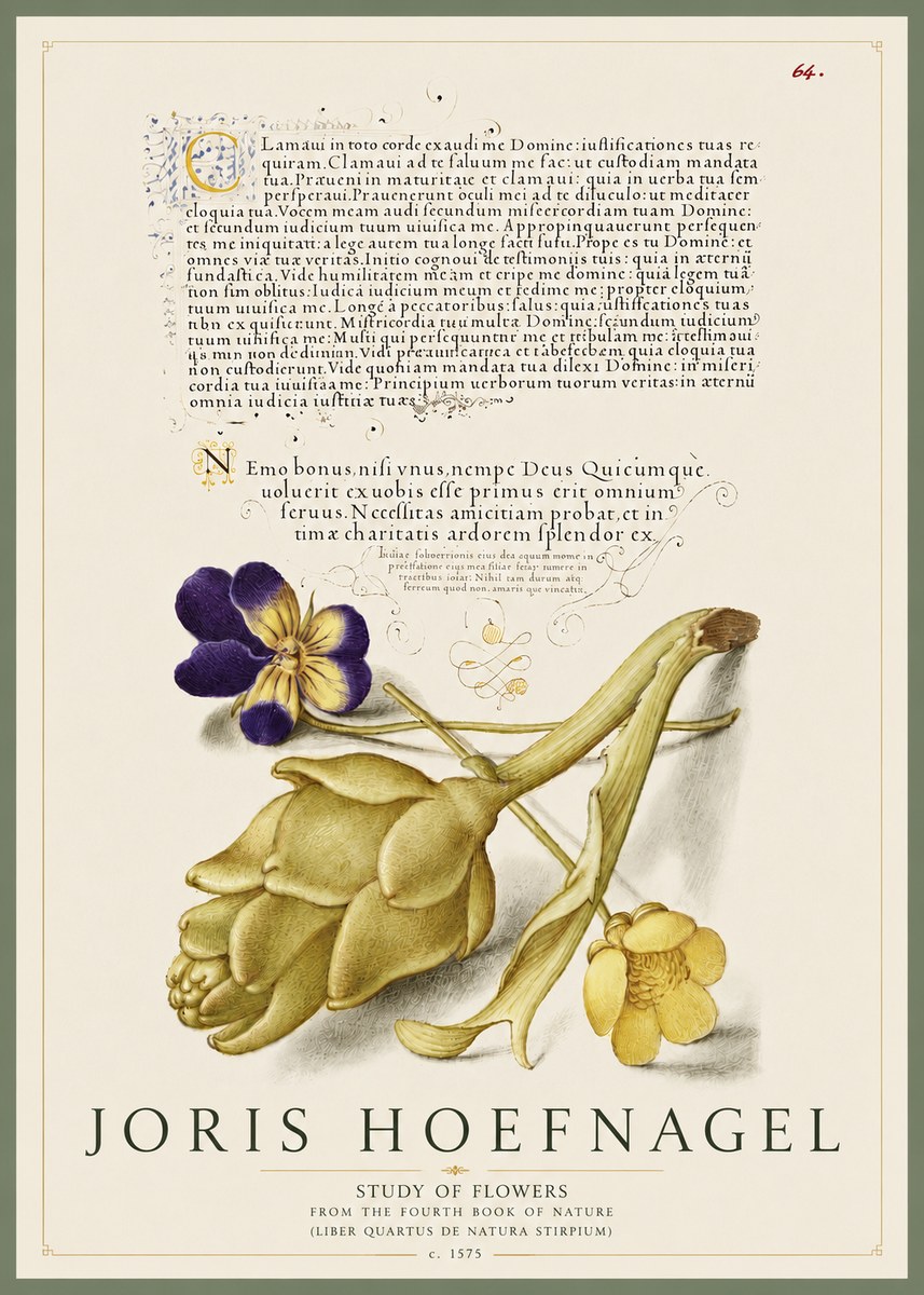 Joris Hoefnagel Botanical Study with Calligraphy III No5 - Póster