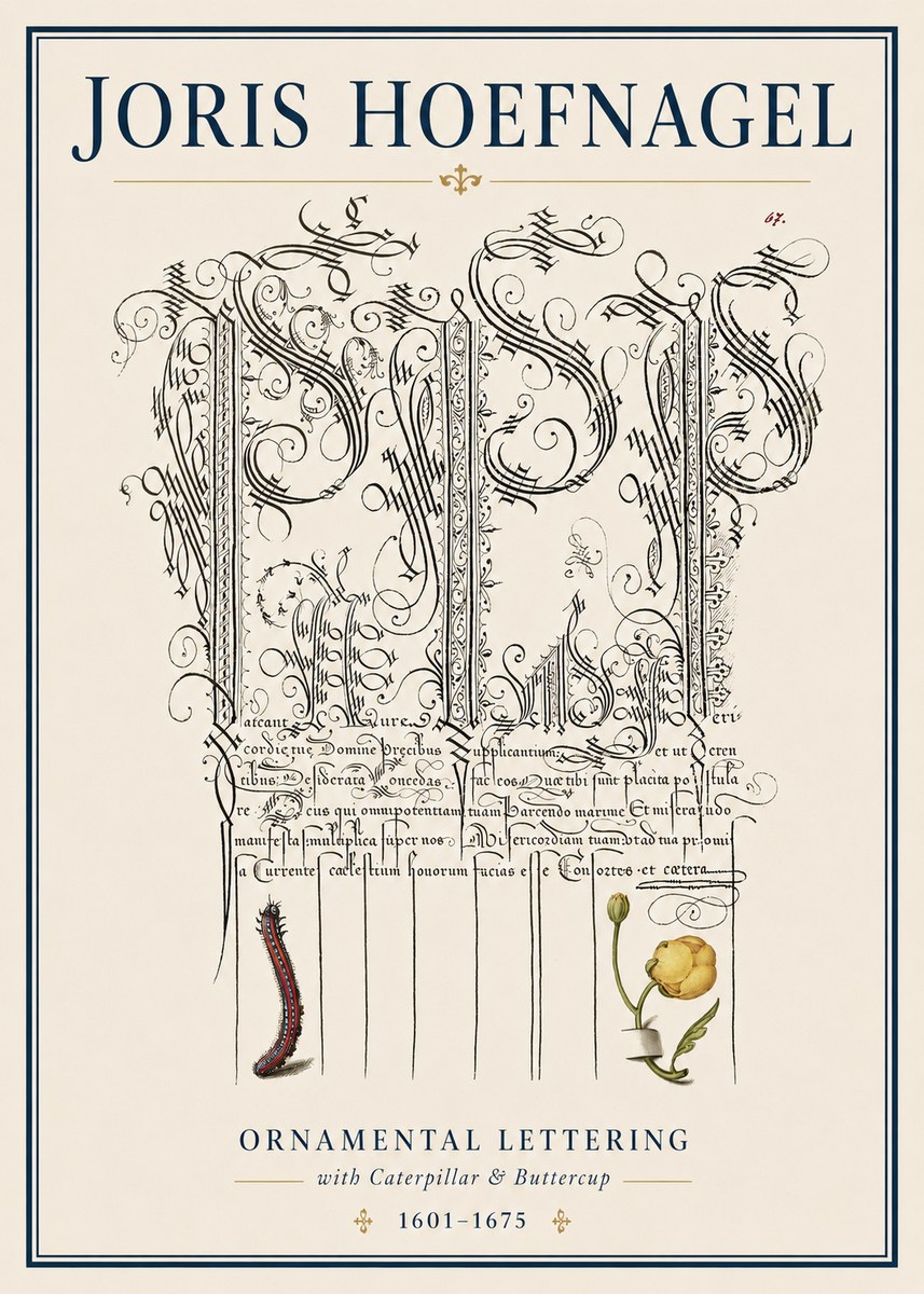 Joris Hoefnagel Ornamental Calligraphy with Caterpillar and Buttercup No4 - Póster