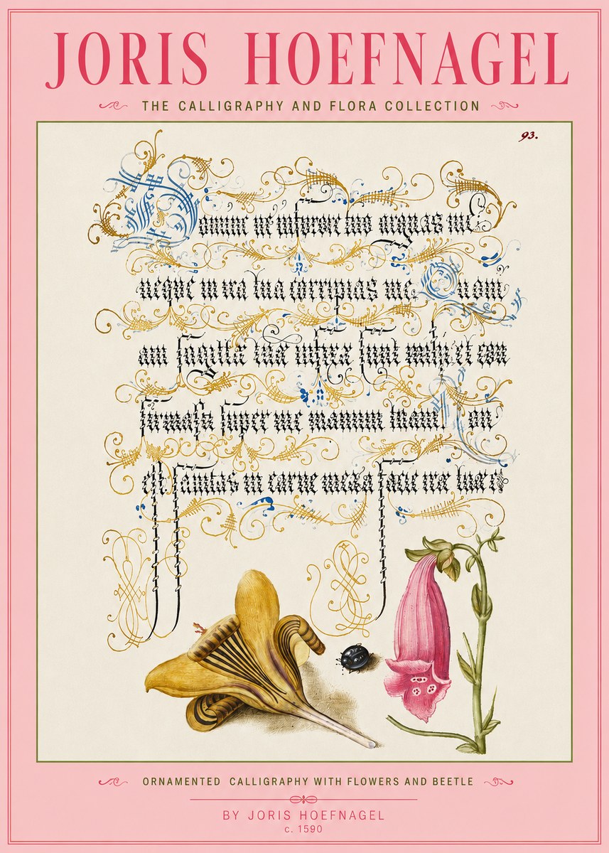 Joris Hoefnagel Ornamented Calligraphy with Flowers and Beetle No3 - Póster