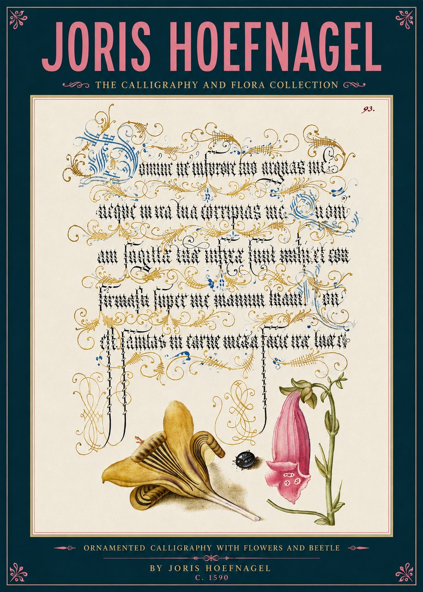 Joris Hoefnagel Ornamented Calligraphy with Flowers and Beetle No6 - Póster