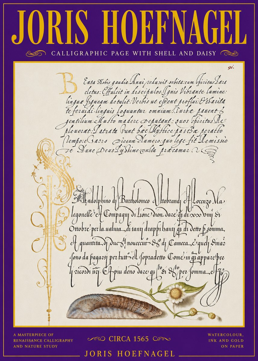 Joris Hoefnagel Calligraphic Page with Shell and Daisy No3 - Póster