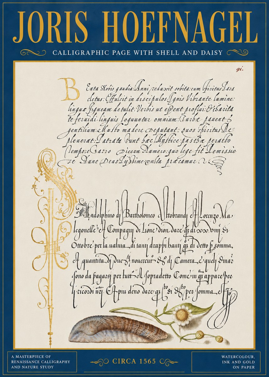 Joris Hoefnagel Calligraphic Page with Shell and Daisy No5 - Póster