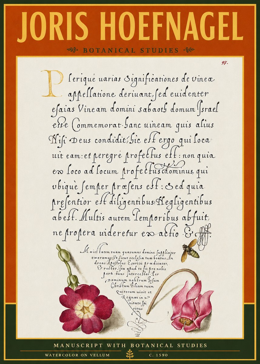 Joris Hoefnagel Manuscript with Botanical Studies No4 - Póster