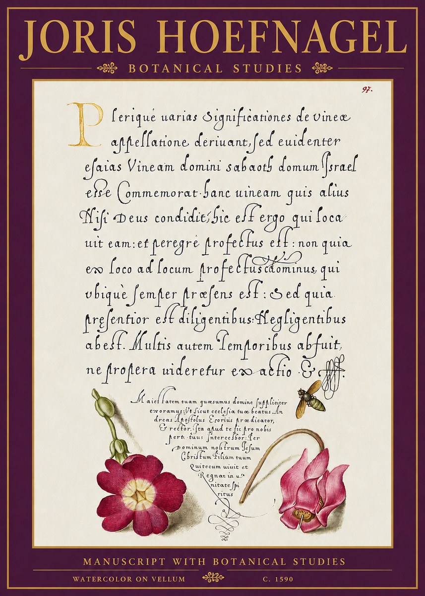 Joris Hoefnagel Manuscript with Botanical Studies No5 - Póster