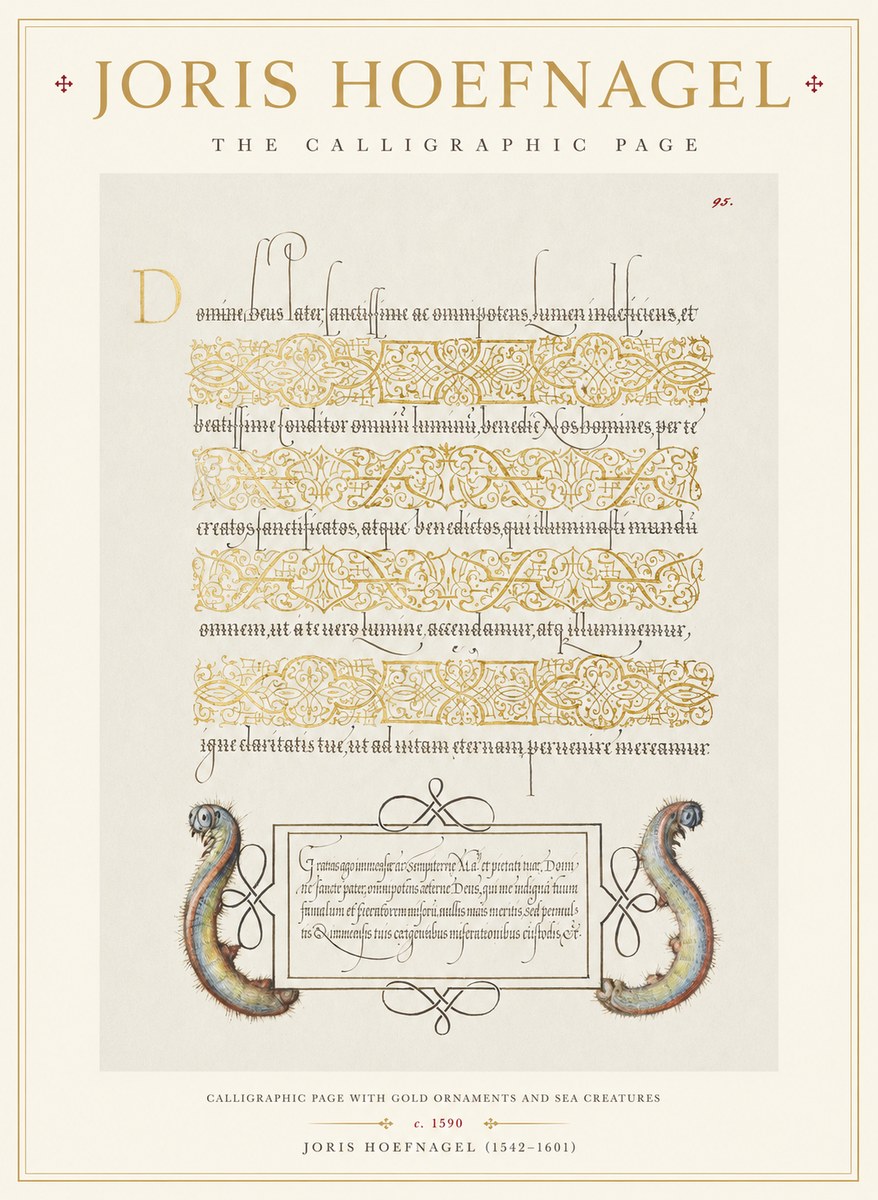 Joris Hoefnagel Calligraphic Page with Gold Ornaments and Sea Creatures No1 - Póster