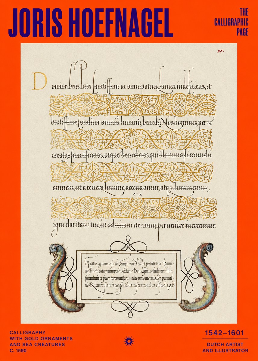 Joris Hoefnagel Calligraphic Page with Gold Ornaments and Sea Creatures No2 - Póster