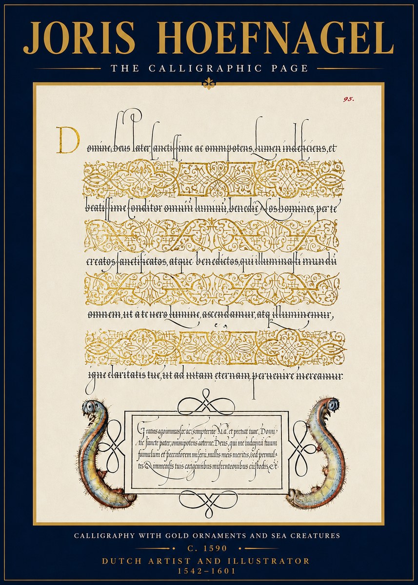 Joris Hoefnagel Calligraphic Page with Gold Ornaments and Sea Creatures No4 - Póster