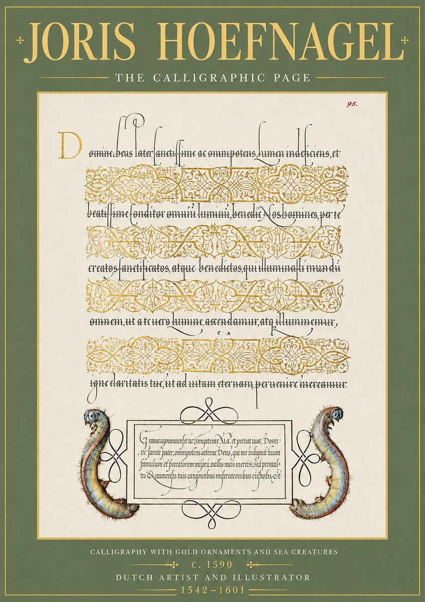 Joris Hoefnagel Calligraphic Page with Gold Ornaments and Sea Creatures No5 - Póster