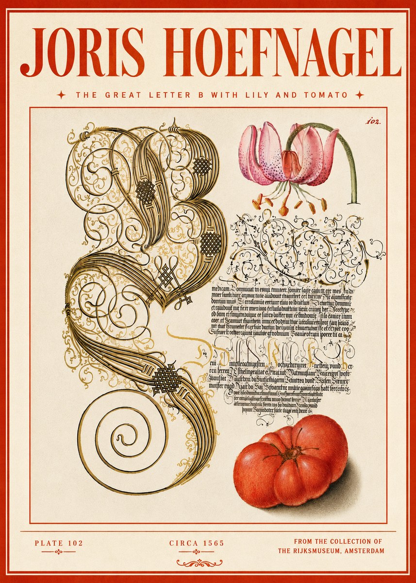 Joris Hoefnagel The Great Letter B with Lily and Tomato No5 - Póster