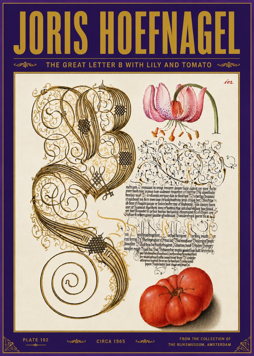Joris Hoefnagel The Great Letter B with Lily and Tomato No6 - Póster