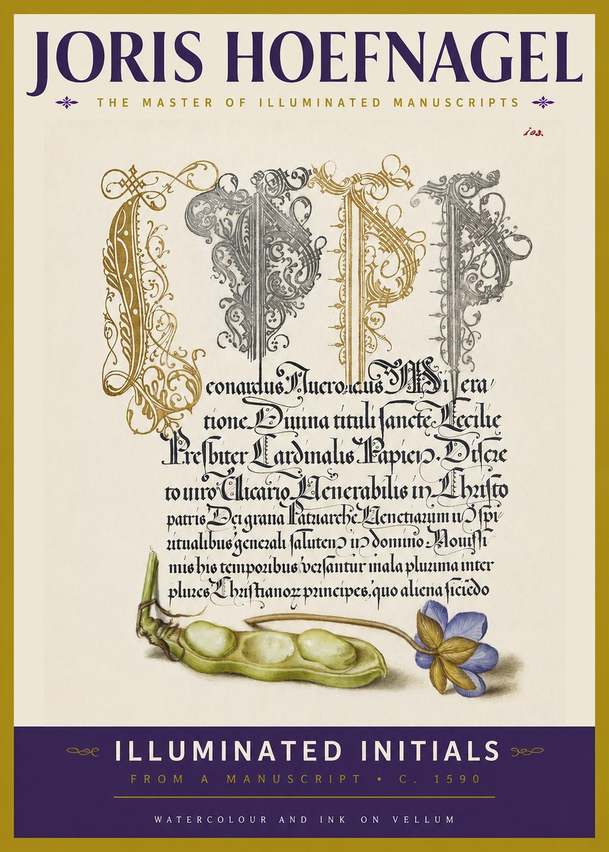 Joris Hoefnagel Illuminated Initials with Peapod and Flower No3 - Póster