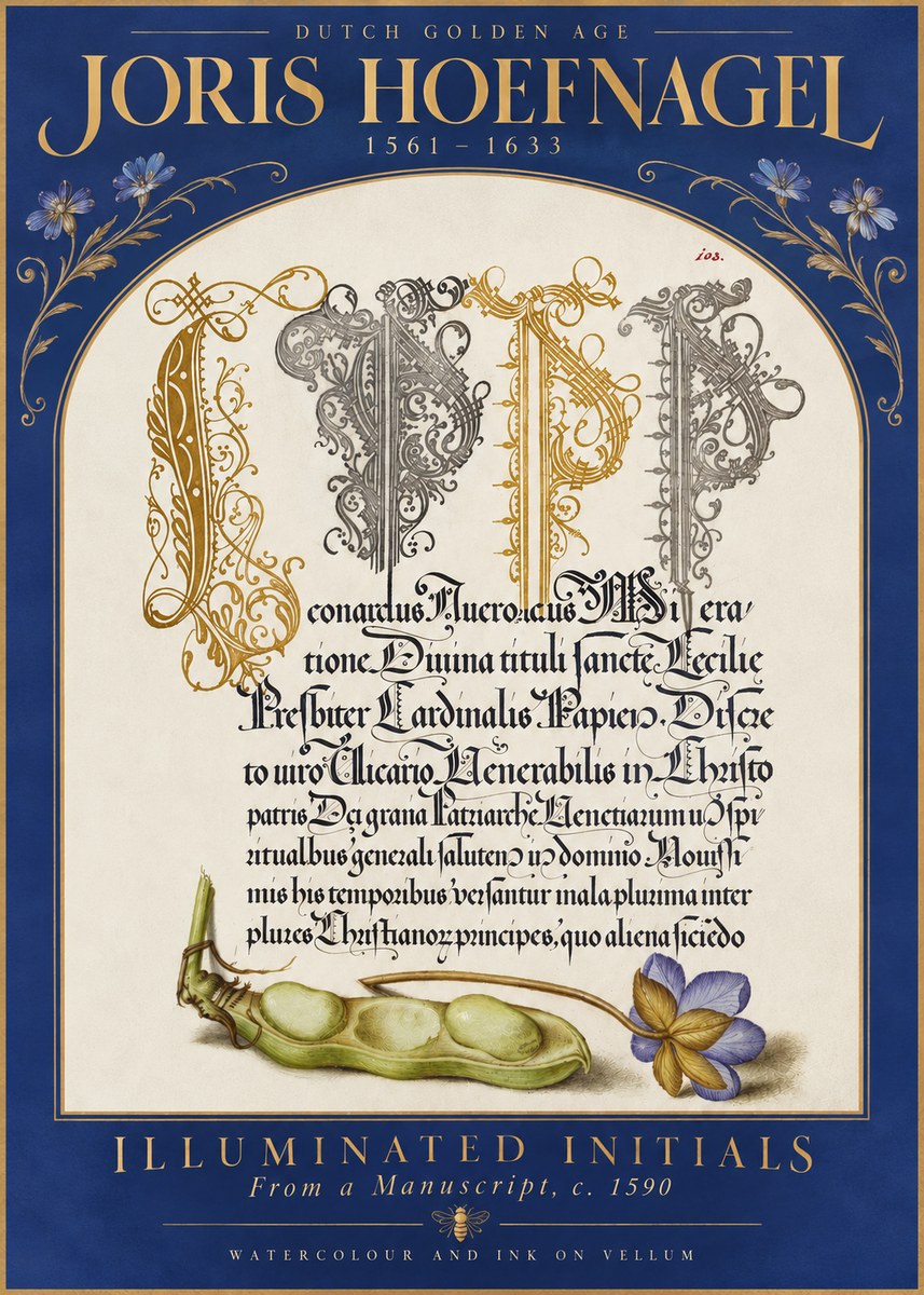 Joris Hoefnagel Illuminated Initials with Peapod and Flower No5 - Póster