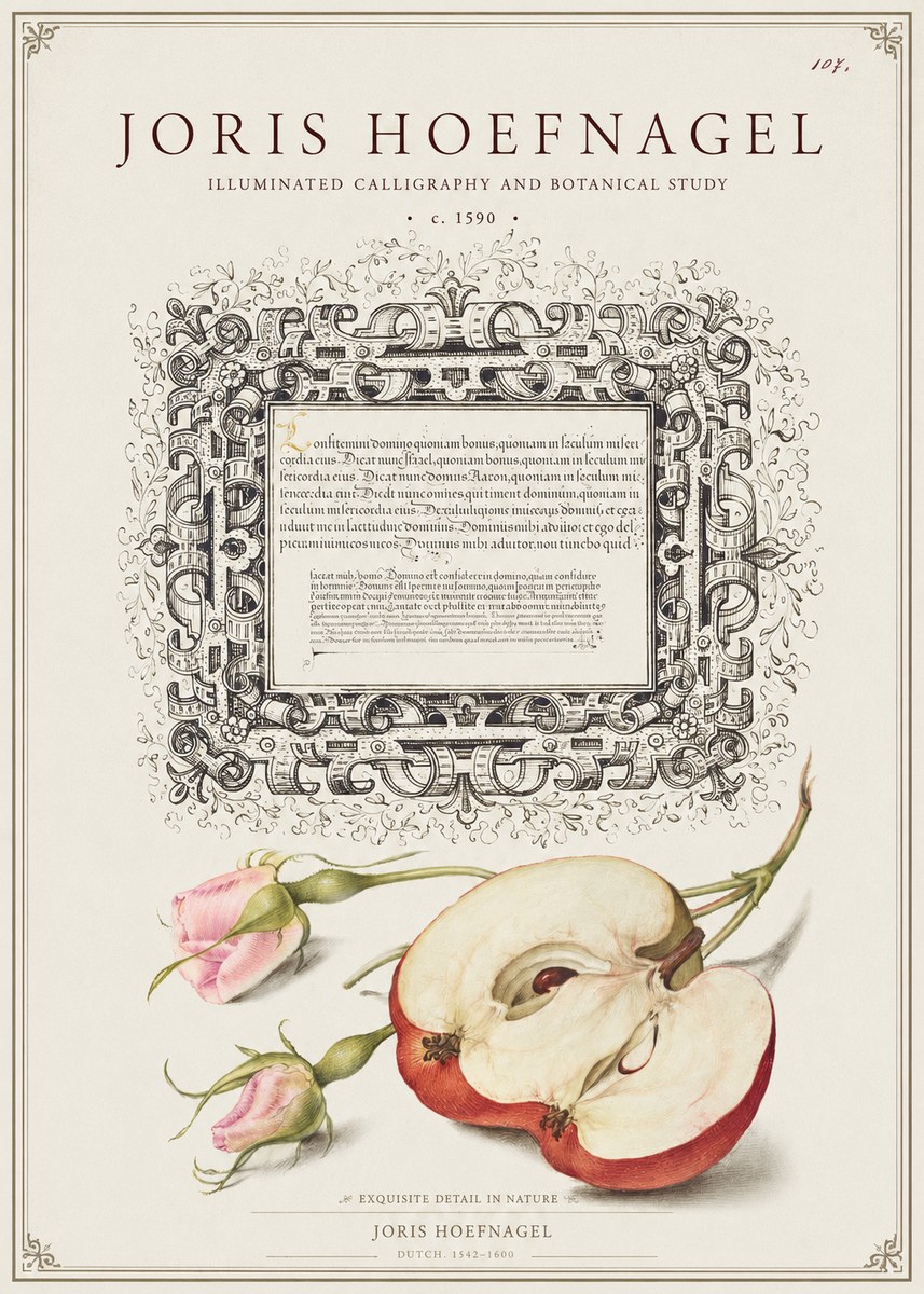 Joris Hoefnagel Illuminated Calligraphy and Botanical Study No1 - Póster