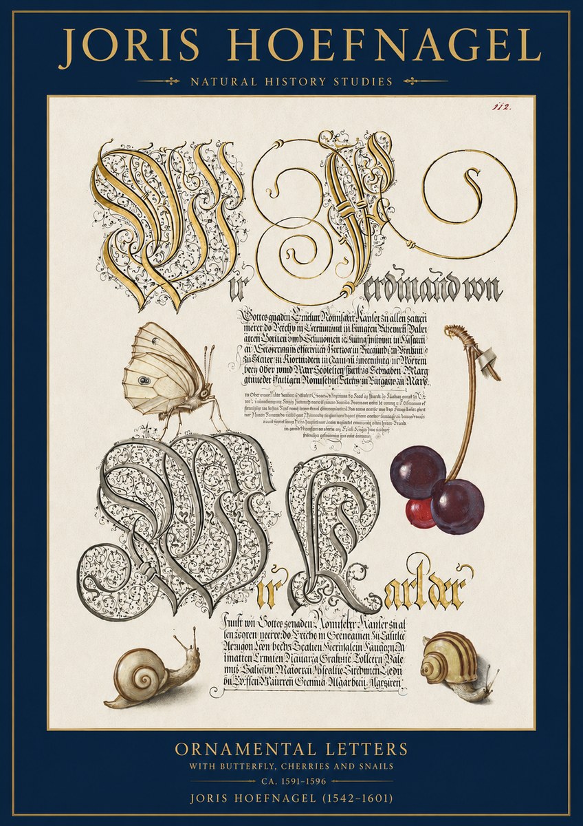 Joris Hoefnagel Ornamental Letters with Butterfly, Cherries and Snails No2 - Póster