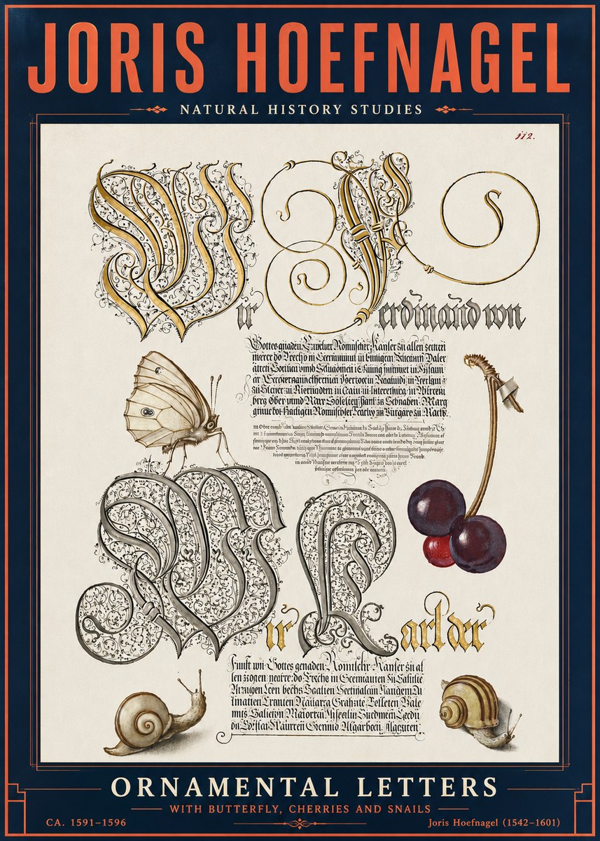 Joris Hoefnagel Ornamental Letters with Butterfly, Cherries and Snails No6 - Póster