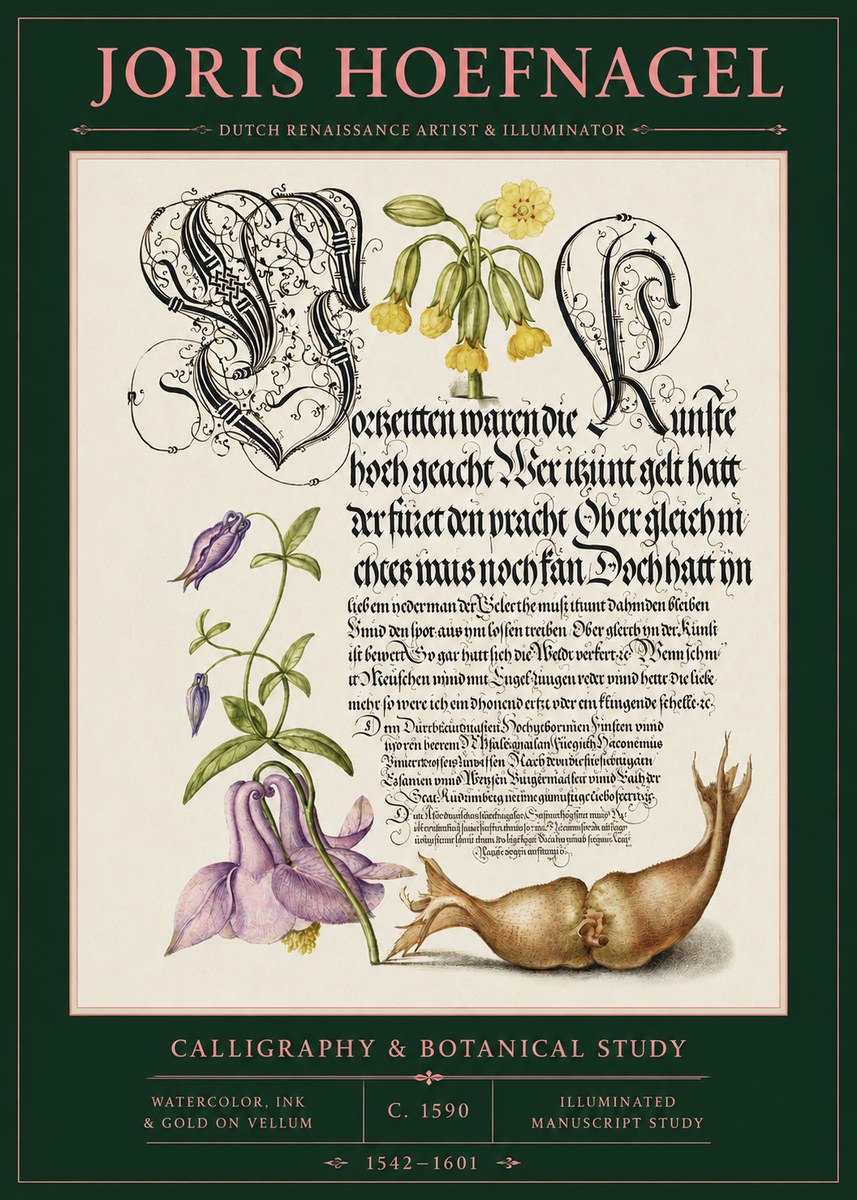 Joris Hoefnagel Calligraphy & Botanical Study No2 - Póster