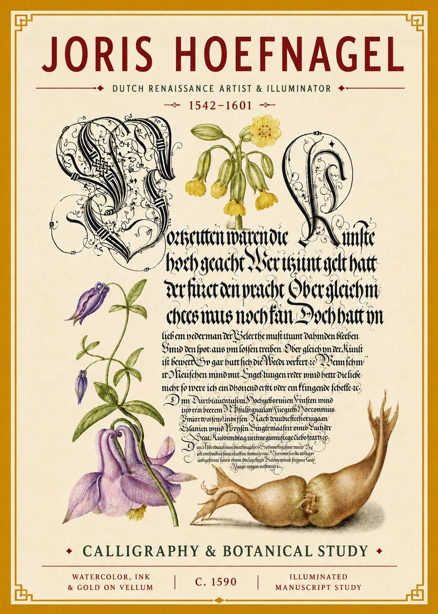 Joris Hoefnagel Calligraphy & Botanical Study No4 - Póster