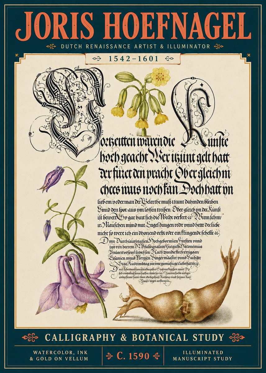 Joris Hoefnagel Calligraphy & Botanical Study No5 - Póster