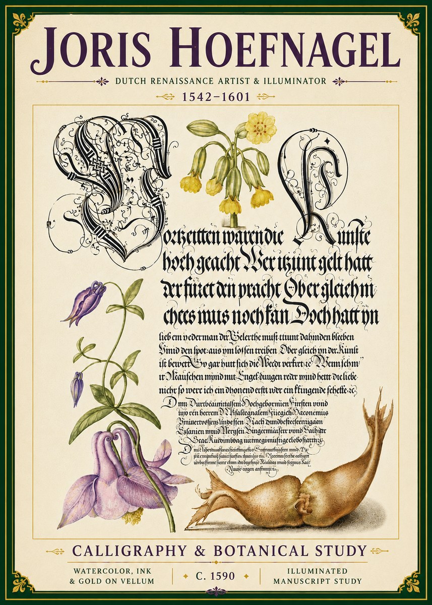 Joris Hoefnagel Calligraphy & Botanical Study No6 - Póster
