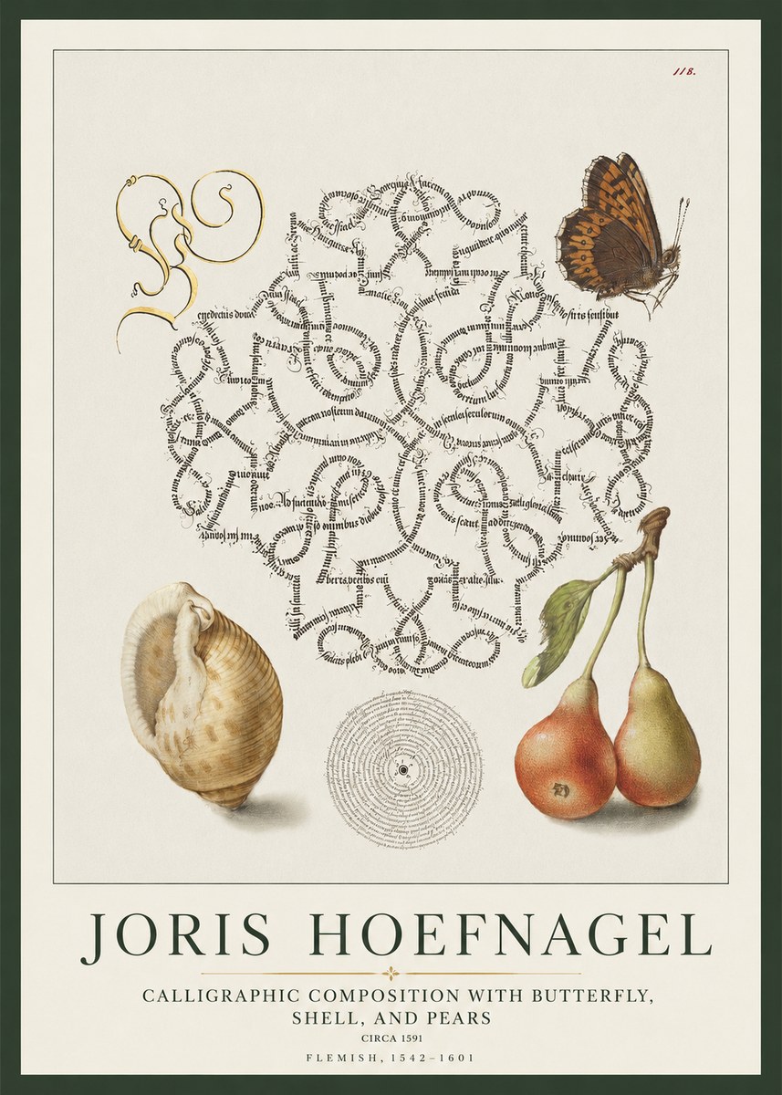 Joris Hoefnagel Calligraphic Composition with Butterfly, Shell, and Pears No1 - Póster