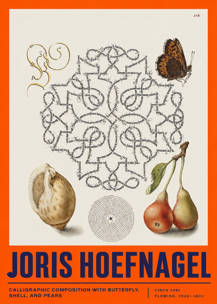 Joris Hoefnagel Calligraphic Composition with Butterfly, Shell, and Pears No2 - Póster