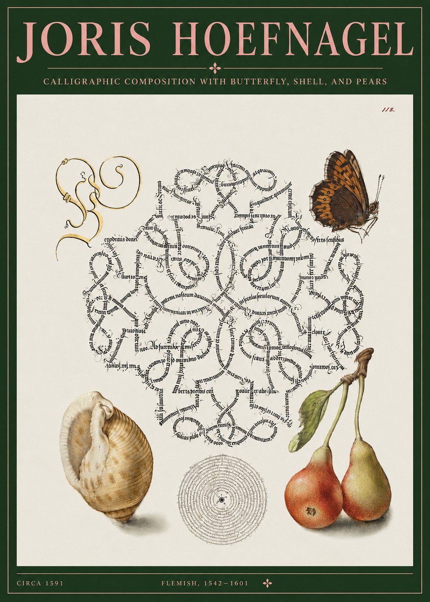 Joris Hoefnagel Calligraphic Composition with Butterfly, Shell, and Pears No3 - Póster